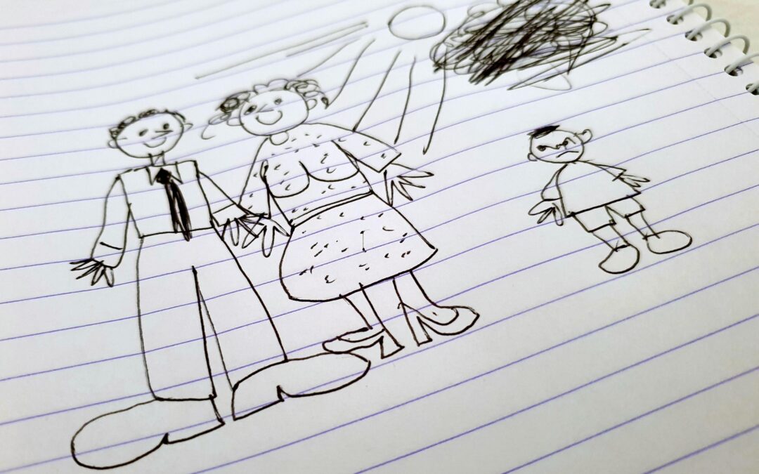 Childish drawing of a mother and father and an angry kid on lined paper